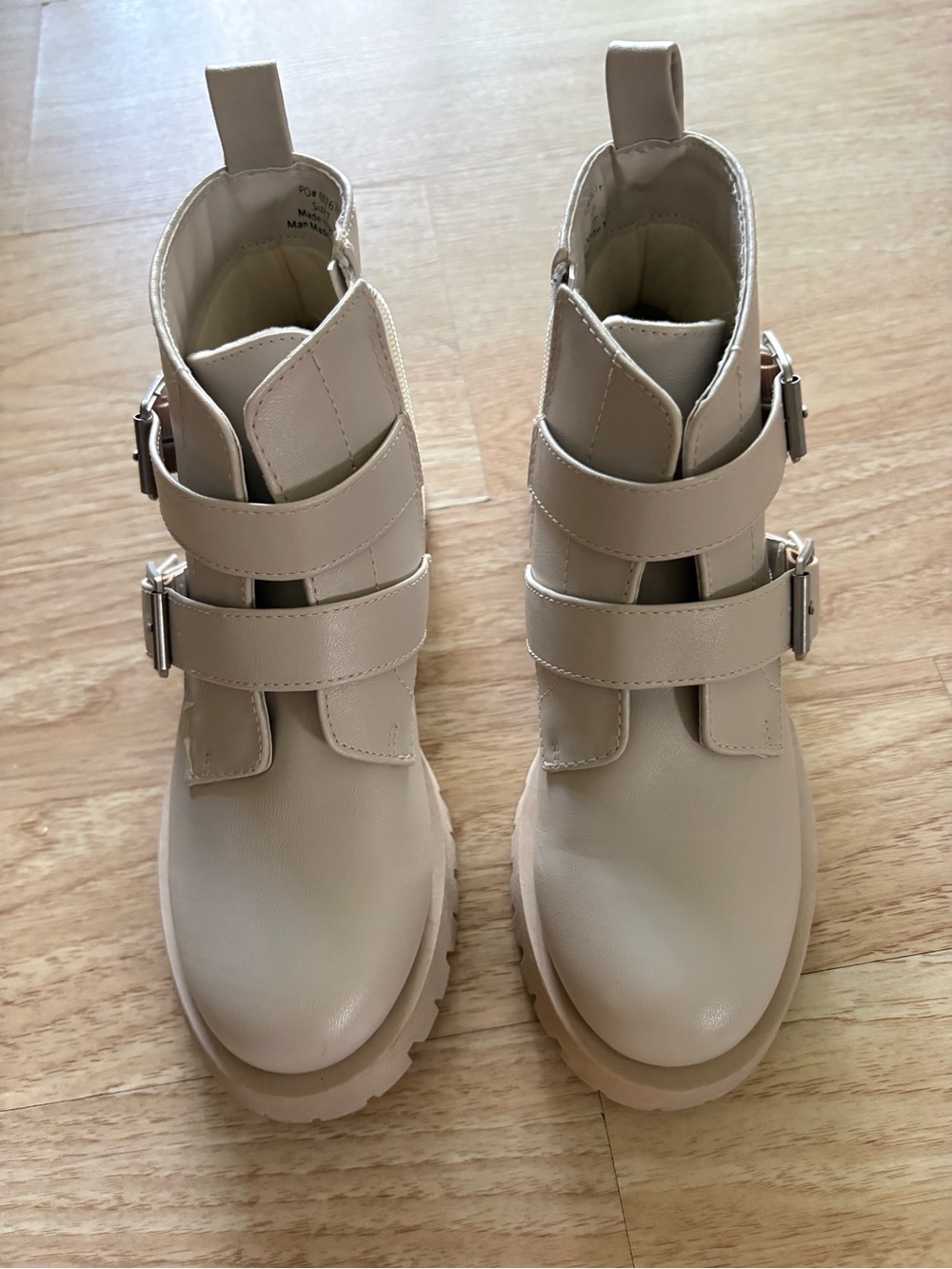 Journee Collection Beige Buckle Strap Combat Ankle Boots